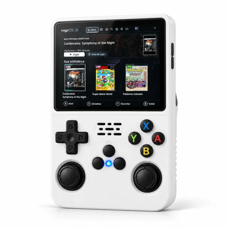Ilustração fotorealista do rogp Pixel branco, com a interface rogpOS em demonstração