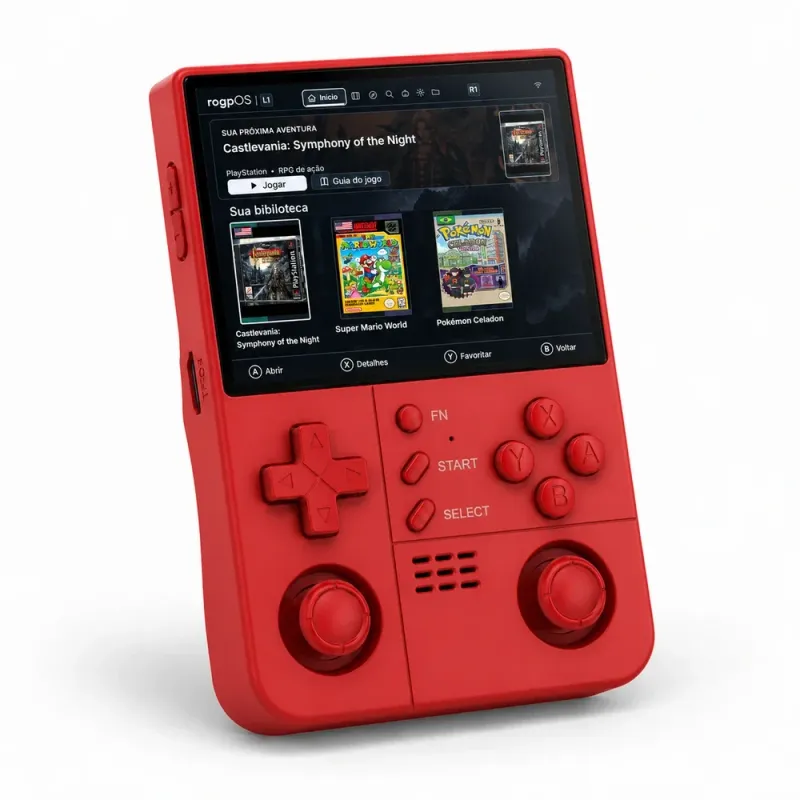 Ilustração fotorealista do rogp Vista vermelho, com a interface rogpOS em demonstração