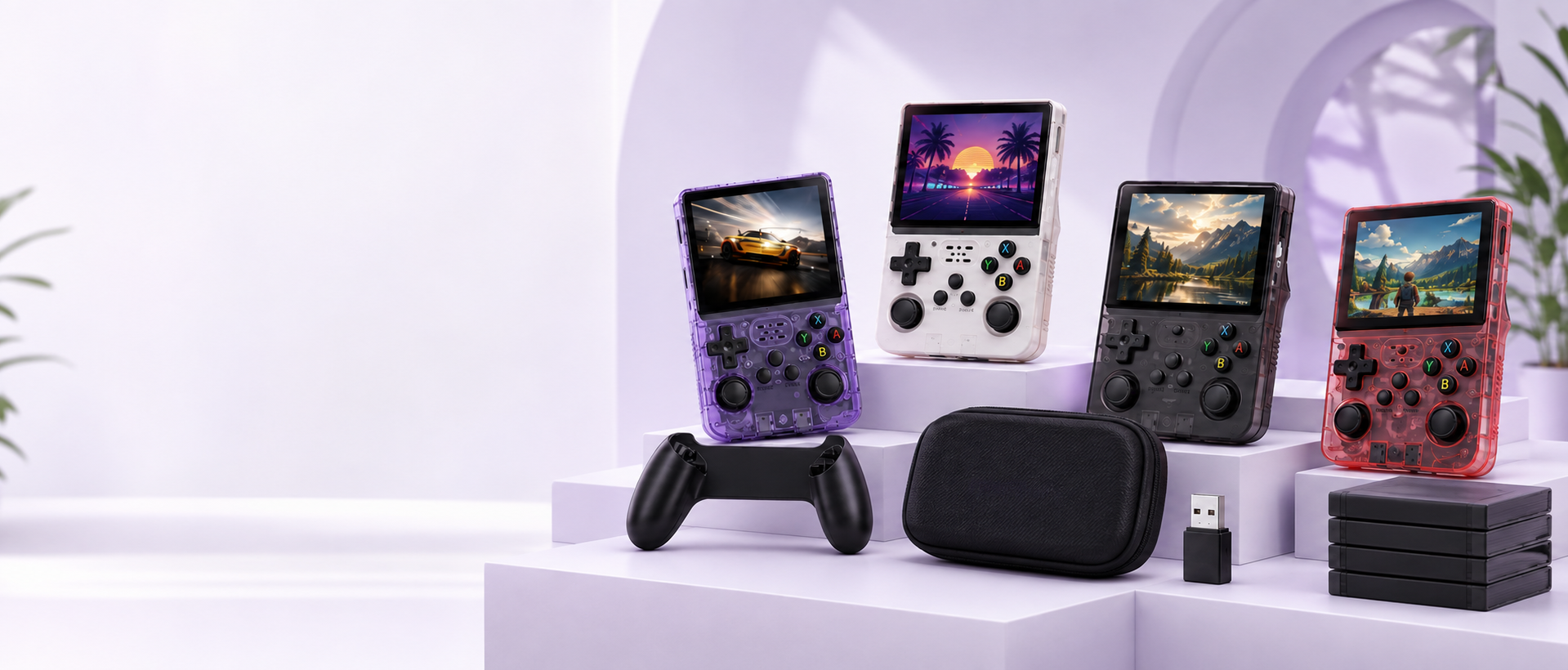 Coleção de consoles e acessórios rogpGames em uma composição de estúdio