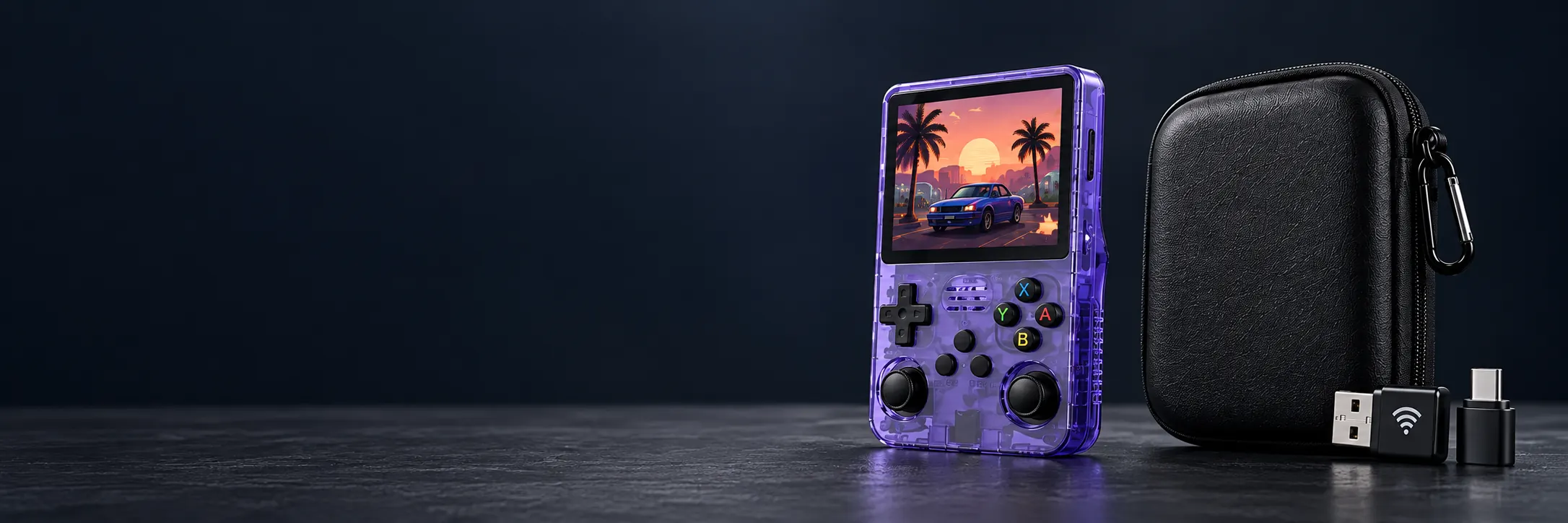 Cena ilustrativa de console roxo, grip, case, adaptador Wi-Fi e OTG